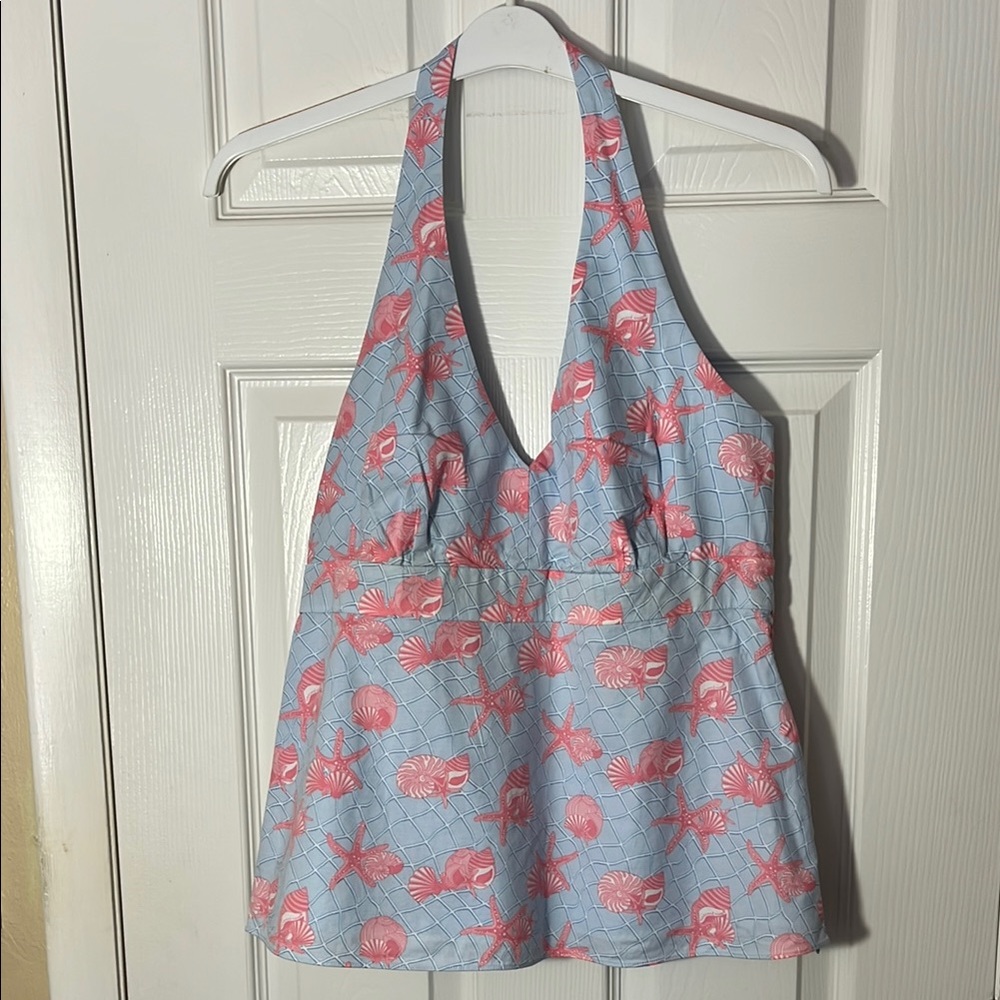 Vineyard Vines NWOT halter top cotton blue pink shells button neck side zip 12